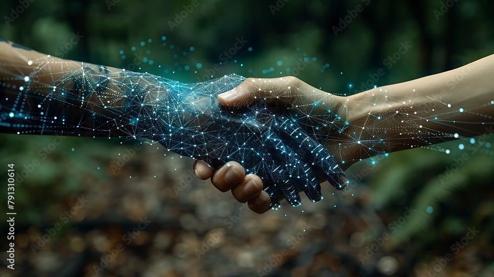 Two hands connecting in a handshake overlaid with a digital network concept illustration, symbolizing technology and human interaction. 
