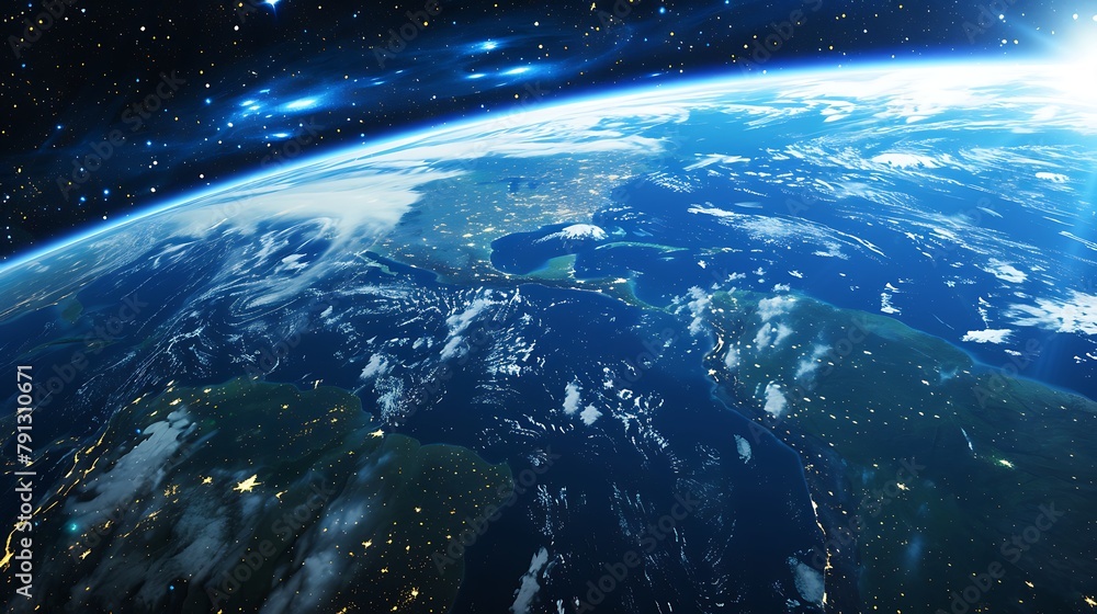 Fototapeta premium A breathtaking view of Earth from space showcasing continents, oceans, and the atmosphere under a starlit sky. 