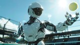 A robot in sports gear playing tennis under a clear sky with the sun shining behind it