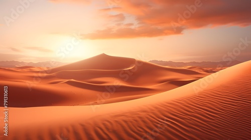 Desert panorama with sand dunes at sunset. 3d render © Iman