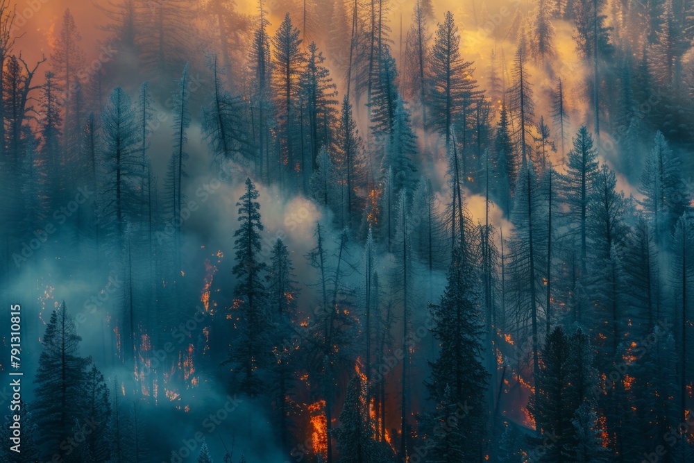 Fototapeta premium Wildforest fire burning forest trees eecological disaster smoke aerial view from helicopter danger death animals damage hazard blaze pollution tragedy