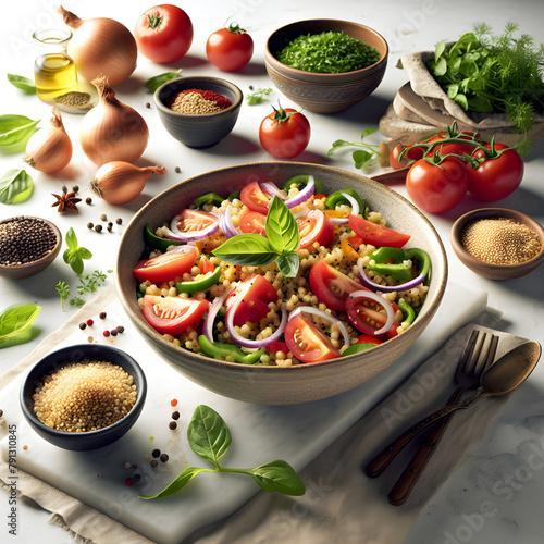 Fresh Bulgur Salad with Tomatoes on Marble Counter