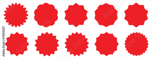 Set of red starburst. Price sticker, sale sticker, price tag, starburst, quality mark, retro stars, sale or discount sticker, sunburst badges, sun ray frames, promotional badge set, shopping labels
