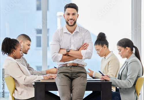 Office team, meeting or portrait of businessman with arms crossed for leadership, confidence or career pride. Happy, manager or group at digital agency for creative, collaboration or project research photo