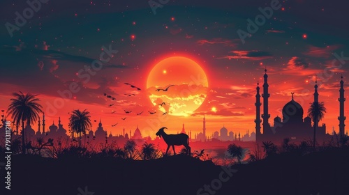 Eid Al Adha Poster Concept with Goat and Mosque Background