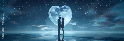 Couple embraces captivated by stunning planet view in seamless looping animation Concept Love Nature Embrace Planet Animation ,Moonlit Moments Couple.

 photo