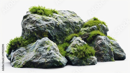 Rocks Covered by Moss Isolated on White Background. Stone Rock with Plant 