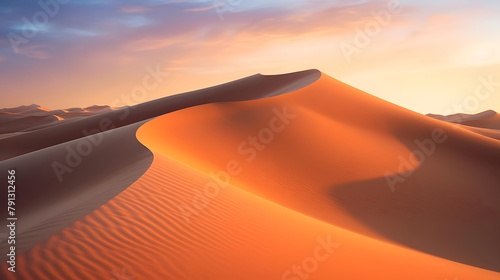 Desert sand dunes panorama at sunset. 3d rendering