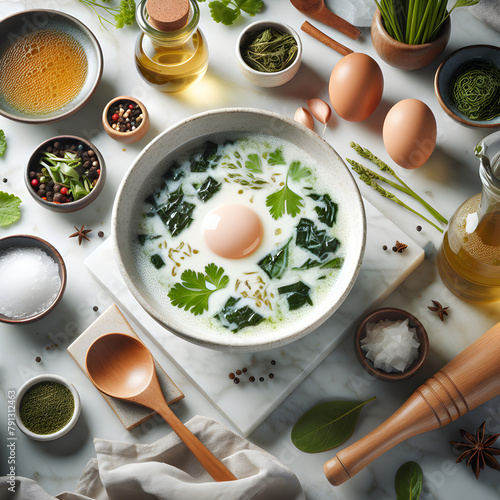 Changua Milk Soup with Egg on Marble Kitchen Counter photo