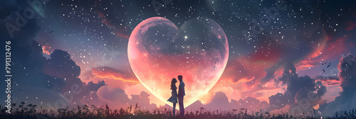 The stars in the night sky in heart shape ,Couple standing on a hill looking at a heart shaped galaxy,A heart shaped image of two people holding hands and the words love is in the middle of the image
 photo