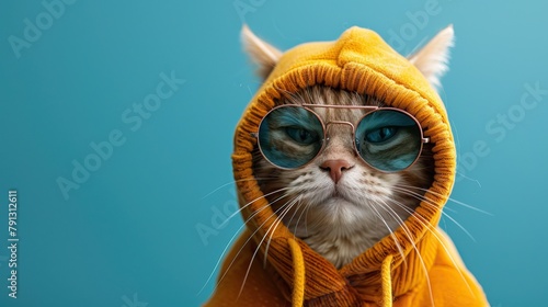 A white cat dressed in a yellow hoodie lounges against a striking blue backdrop  its hoodie strings dangling playfully  creating a whimsical and colorful portrait