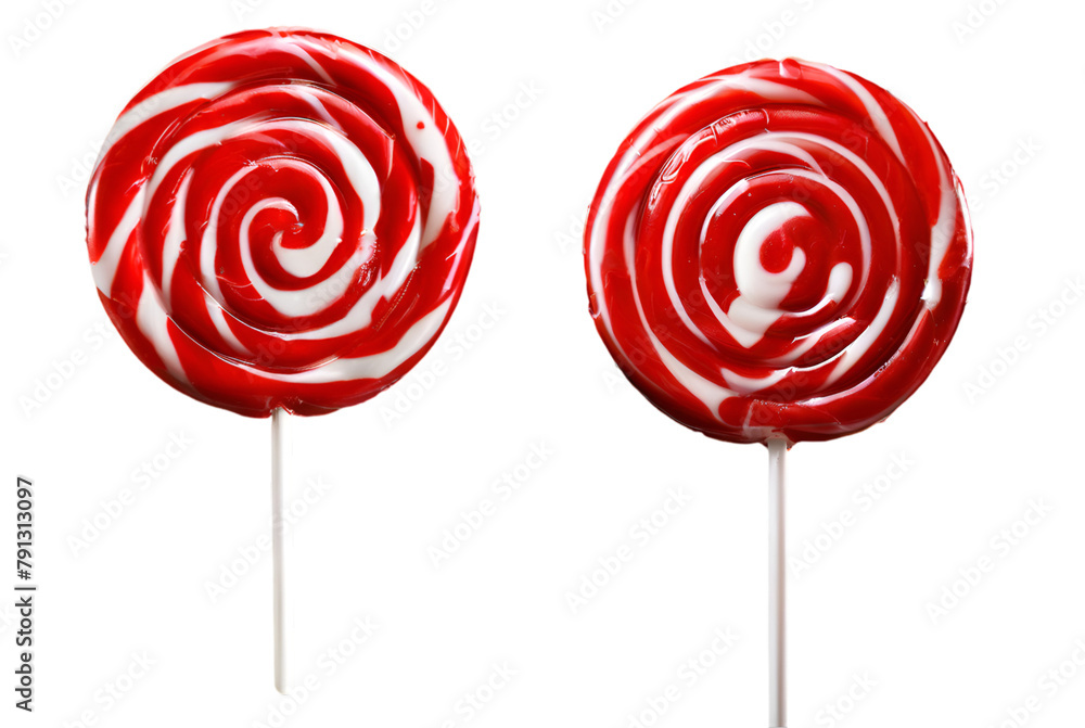 Close up of red and white swirled lollipops on transparent white background, png Close up of red and white swirled lollipops on transparent white background, png