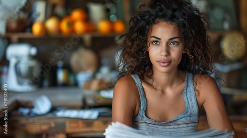 A confident young woman with curly hair sitting in a casual kitchen environment looking at the camera with a slight smile 