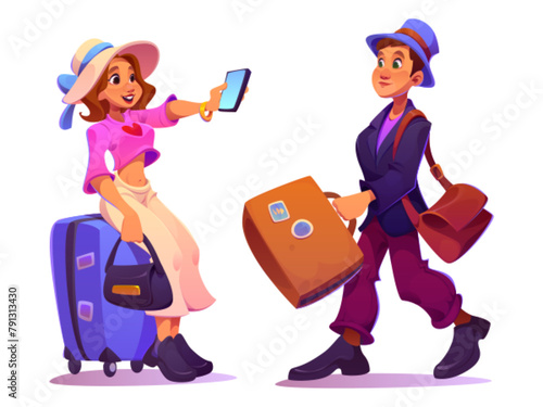 People travel with suitcase. Tourist character with luggage happy in vacation journey set. Male and female adult walk abroad for adventure as passenger with baggage isolated design illustration. © klyaksun