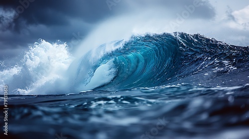 A majestic blue wave curls powerfully in a dramatic ocean scene under a cloudy sky  photo