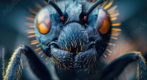 A macro photo of an ant with humanlike eyes and mandibles
