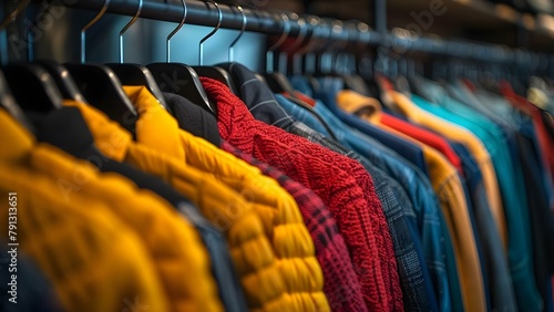 Discounted clothing on retail display racks. Concept Clothing Store Deals, Retail Discounts, Fashion Bargains, Seasonal Sales, Trendy Apparel photo
