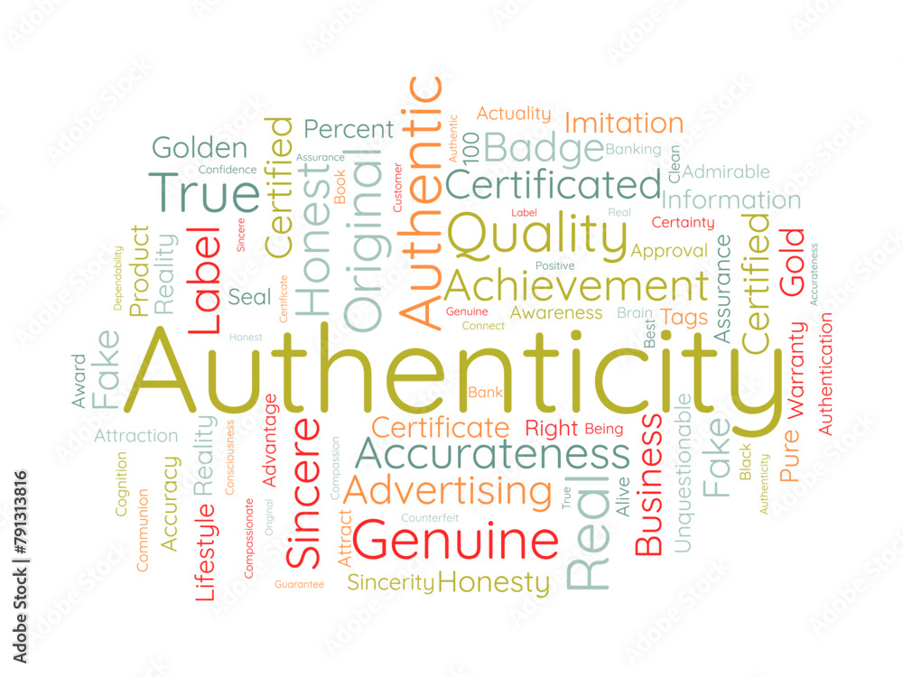 Fototapeta premium Authenticity word cloud template. Certified concept vector background.