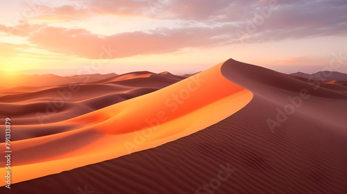 Sunset over sand dunes in the Sahara desert. 3d render