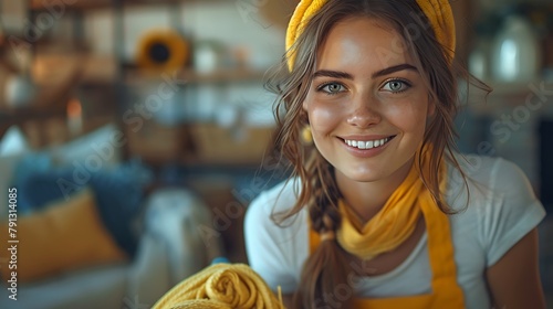 A cheerful young woman with blue eyes and a yellow headband smiles warmly in a cozy interior setting. 