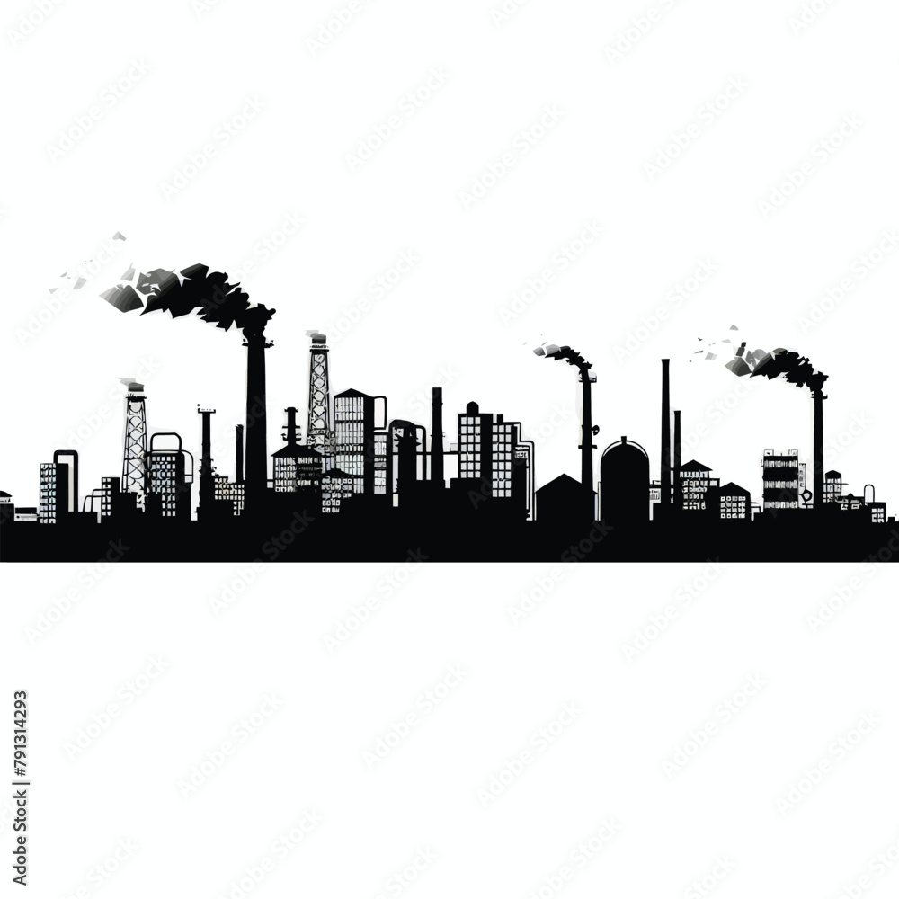 a black and white silhouette of a city with smoke stacks