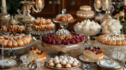 An elegant dessert table with an assortment of sweet pastries and cakes in a luxurious setting with silver tea service in the background 