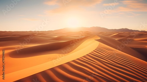 Desert panorama with sand dunes and sunset. 3d rendering