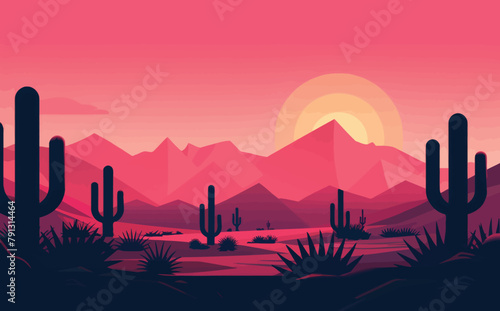 a desert scene with cactus trees and mountains in the background