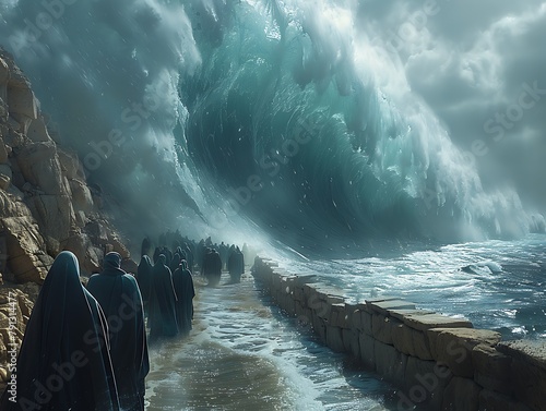 A group of cloaked figures walking onto a stone pier with a massive, ominous wave looming over them, giving a sense of impending doom 