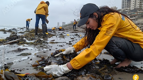 Volunteers in yellow jackets clean up litter on a cloudy beach to protect the environment.  photo