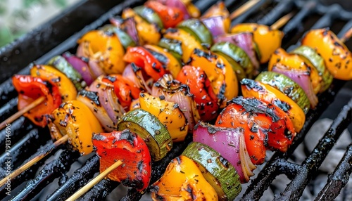 Colorful grilled pepper and onion skewers on sunny summer terrace, ideal for outdoor dining
