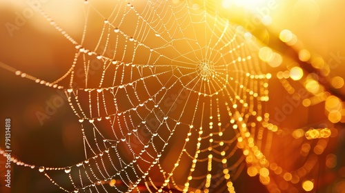 Early morning serenity as a delicate spider web, adorned with dew drops, captures the first golden rays of the sunrise © Judeah_Stock