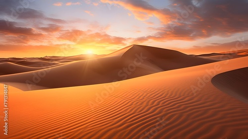 Sunset over sand dunes in the Sahara desert  Morocco.