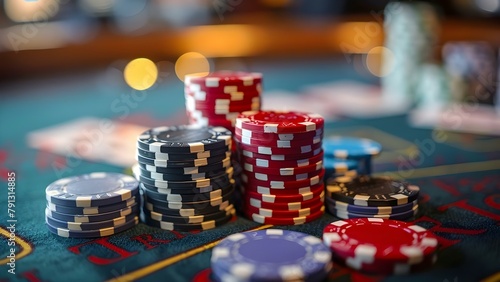 Casino Table Scene: Stacked Poker Chips and Deck of Cards. Concept Casino, Table Scene, Stacked Poker Chips, Deck of Cards