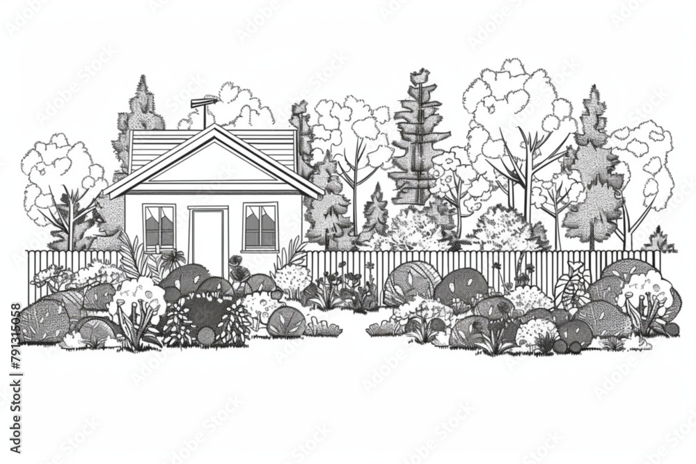 View of the backyard of the house with a clearing and trees. Terrace panorama, garden landscape with flowers vector icon, white background, black colour icon