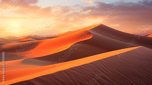 Sunset in the desert with sand dunes. 3d rendering