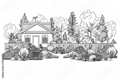 View of the backyard of the house with a clearing and trees. Terrace panorama, garden landscape with flowers vector icon, white background, black colour icon