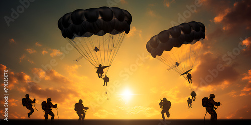 Military paratroopers land with parachutes military training with evening background
 photo