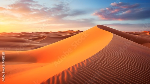 Desert sand dunes panorama at sunset. 3d render