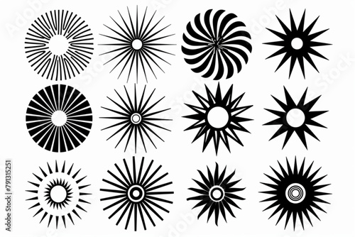 various radial sunburst shape collection vector icon, white background, black colour icon