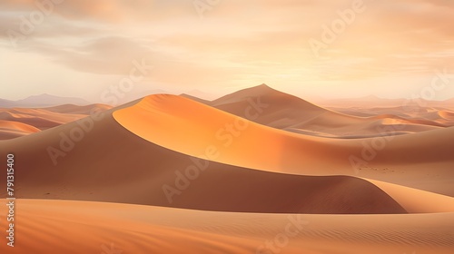 Desert panorama with sand dunes at sunset. 3d rendering