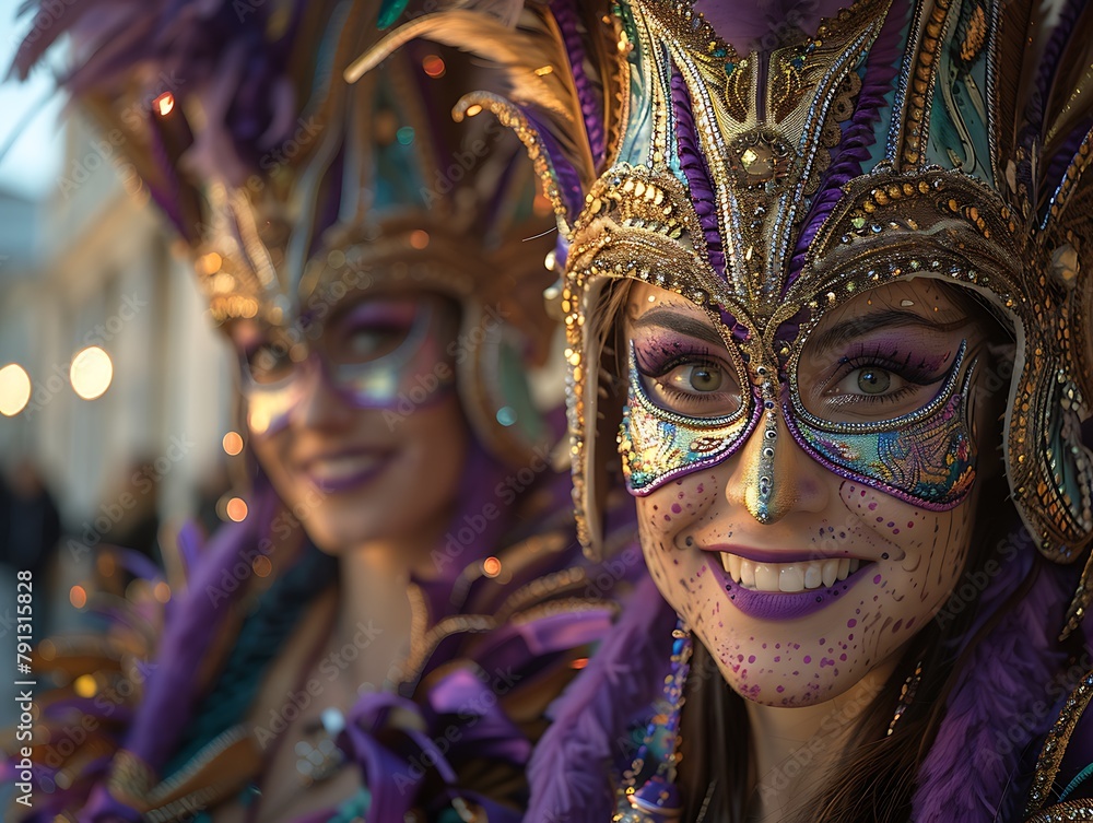 Vividly adorned women with ornate masks celebrating in festive attire symbolize mystery and elegance at a carnival event 