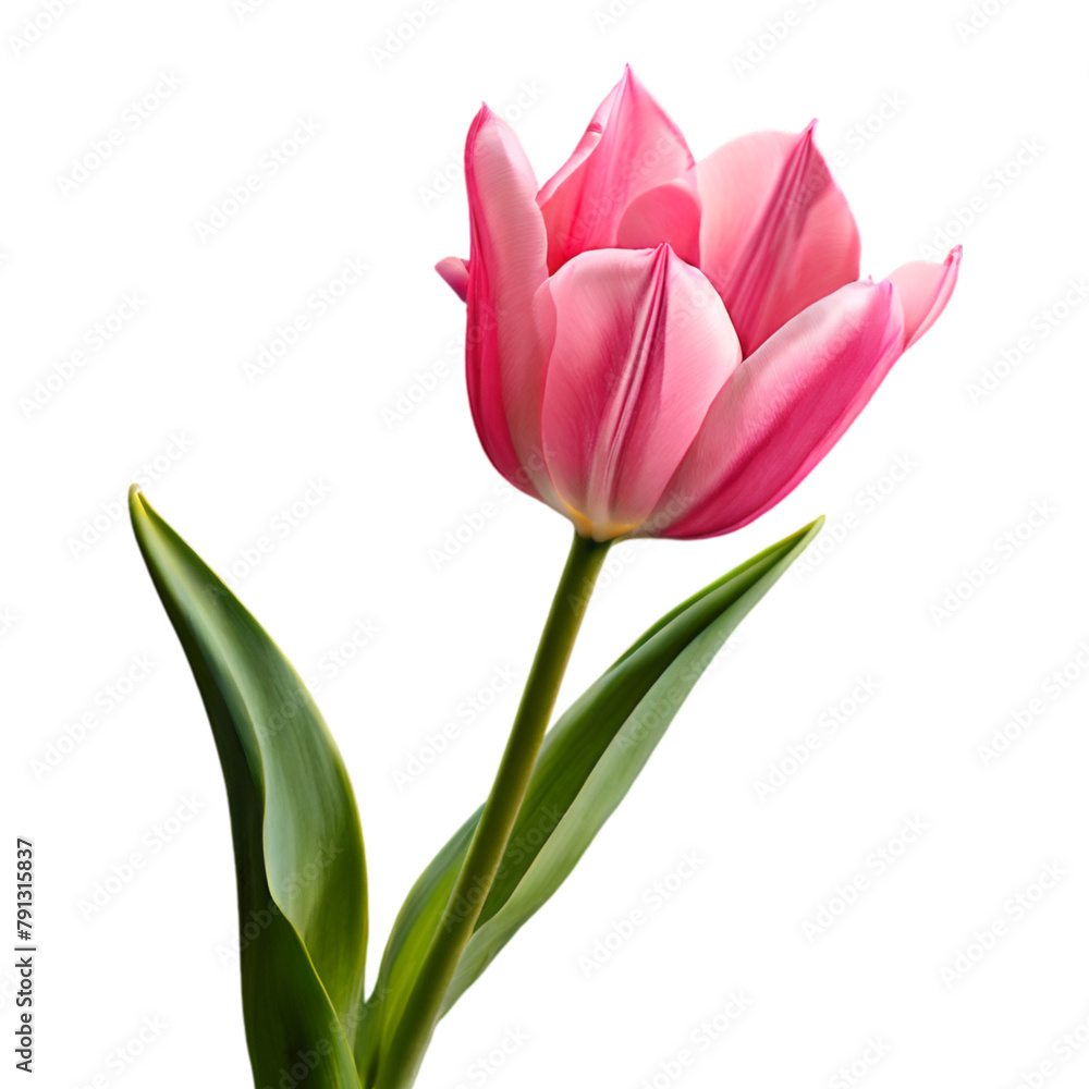 pink tulip flower with leaves isolated on a white transparent background, side view, png pink tulip flower with leaves isolated on a white transparent background, side view, png