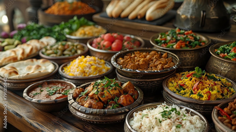 A sumptuous spread of various traditional Middle Eastern dishes presented in decorative bowls and plates on a rustic wooden table 