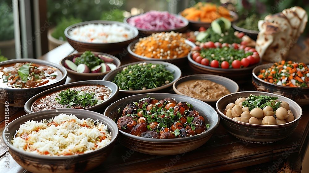 A variety of delicious Middle Eastern dishes displayed on a table with a focus on healthy ingredients and vibrant colors. 