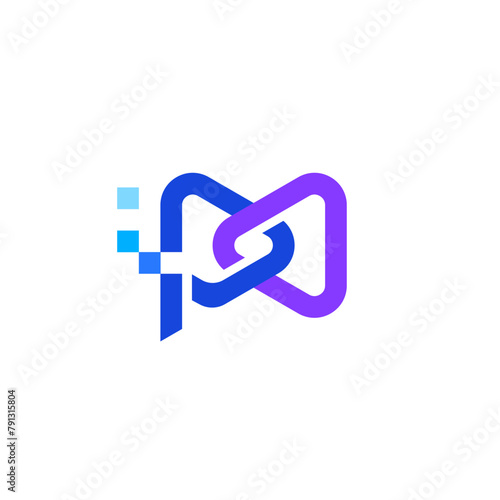 Letter P with Pixel Video Camera and Connected Dual Play Button Vector Logo Design