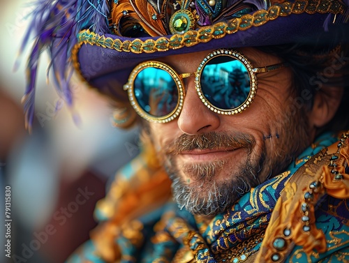 A flamboyant individual wearing elaborate costume and reflective sunglasses with a vibrant expression 