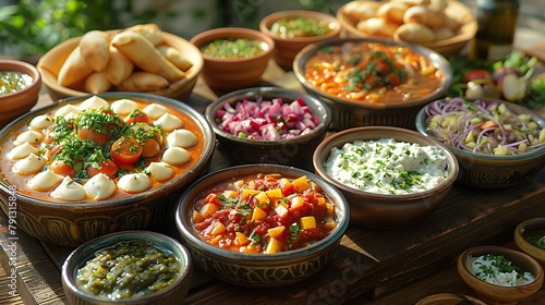 A colorful spread of various Middle Eastern dishes arranged on a rustic wooden table, perfect for food enthusiasts and cultural culinary themes. 