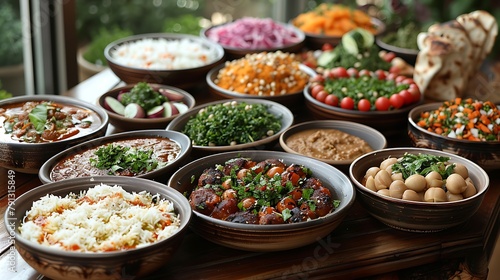 A variety of delicious Middle Eastern dishes displayed on a table with a focus on healthy ingredients and vibrant colors. 