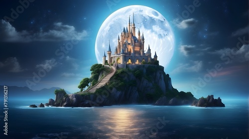 An island's enchanted, enchanting, fantasy, fairytale castle against the backdrop of a massive moon photo